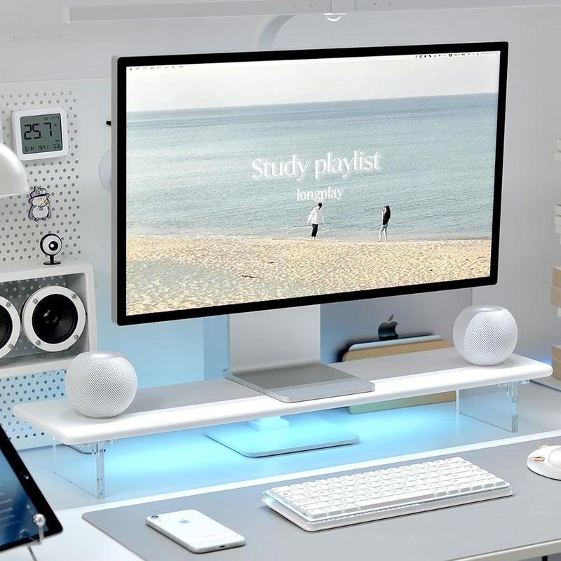 ROCDEER Bamboo Monitor Stand Riser with RGB Lights,31.5 Inches Desktop Shelf with Acrylic Legs Supports for Desk, PC Computer Monitor, Laptops, Printer, Speakers (White) - Image 1